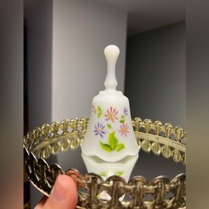 Vintage Fenton White Satin Milk Glass Petite Bell Pink & Purple Flowers 1960s